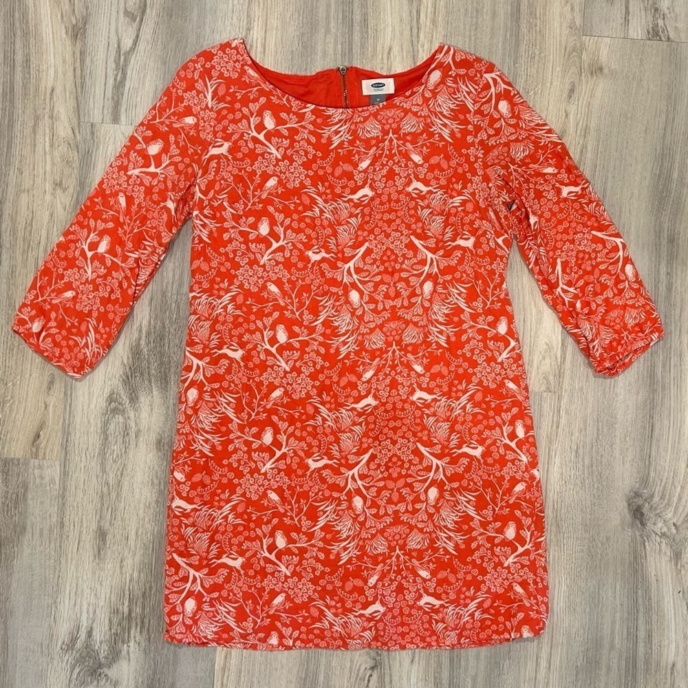 Old Navy 3/4 Sleeve Knee Length Tunic Dress Orange Woodland Wildlife Size M